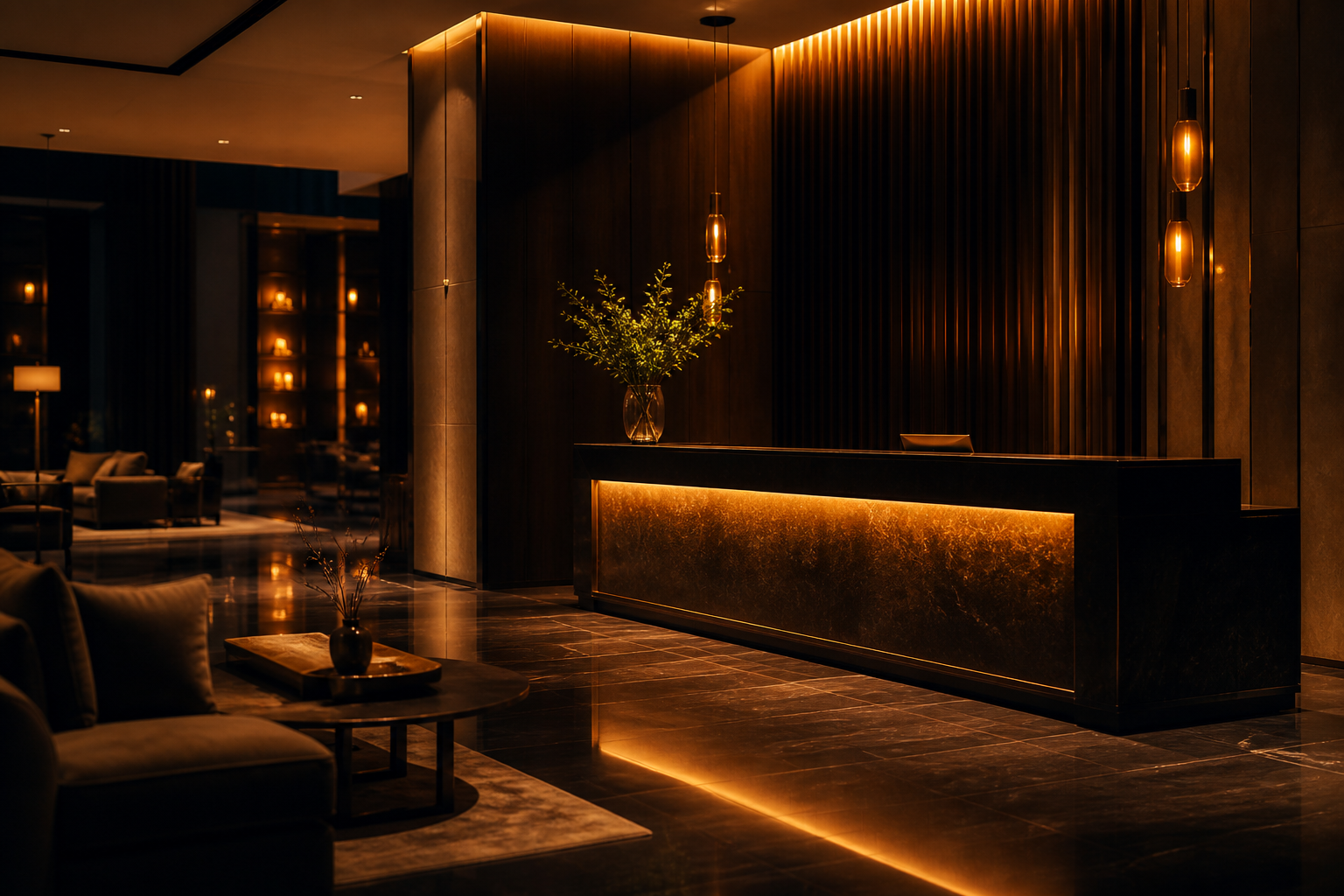 Lobby de hotel con recepción lista para el día