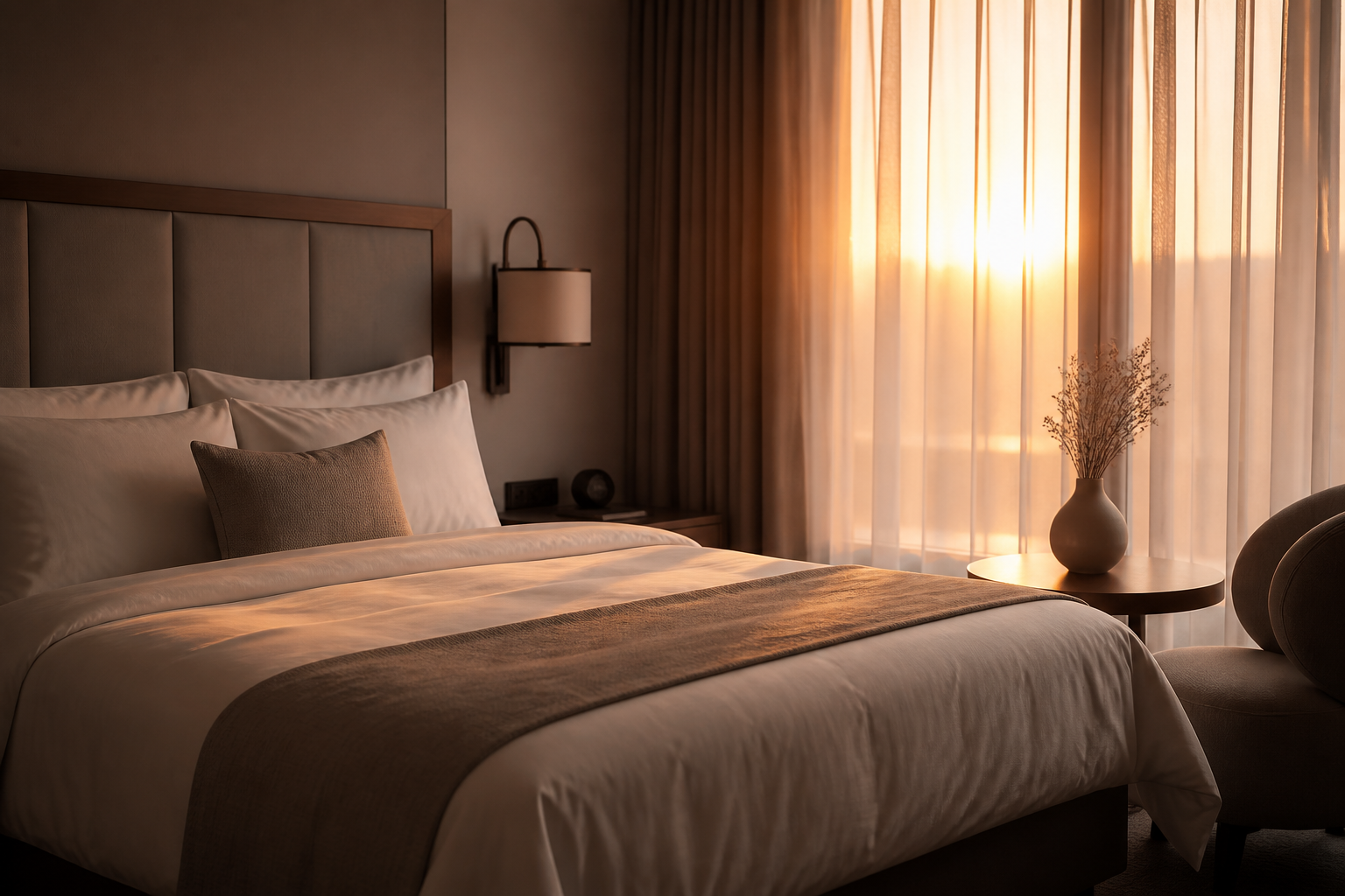 Habitación de hotel ordenada y lista para huéspedes