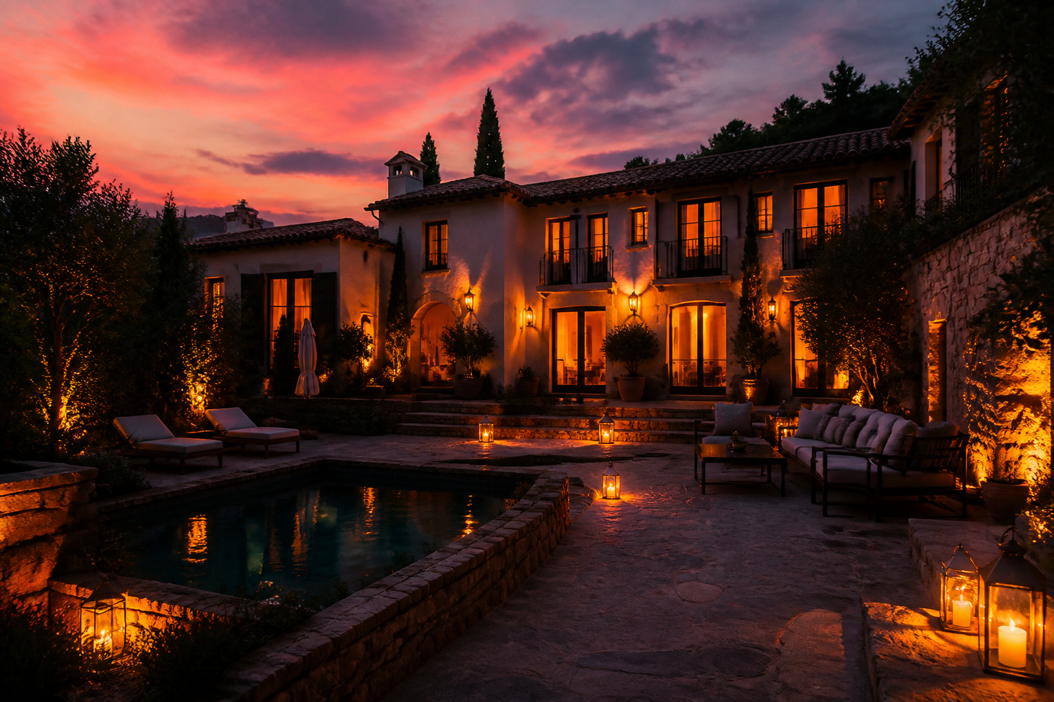 Fachada de hotel al atardecer en Colombia