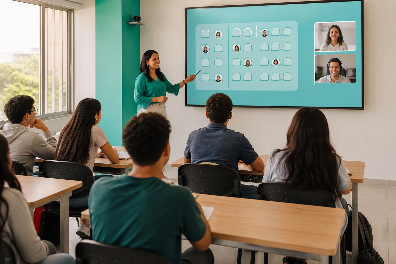 Profesor y estudiantes en un aula híbrida con Aulina en pantalla: mapa de sillas y lista de asistencia