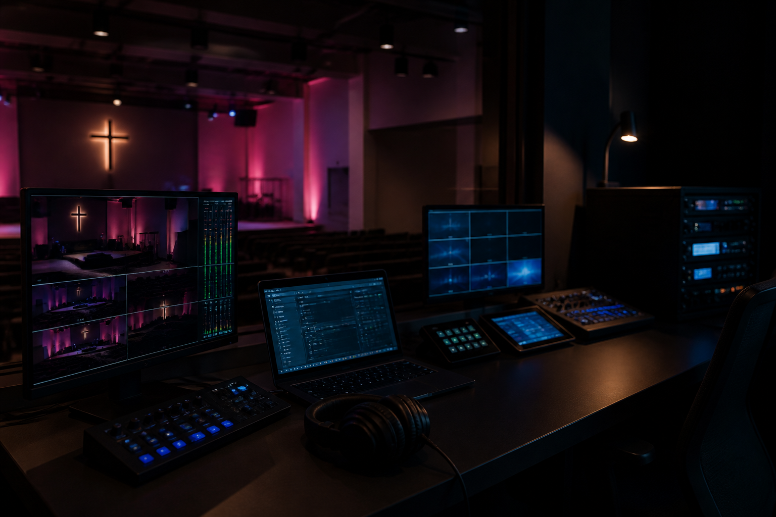 Cabina de medios con monitores y auriculares