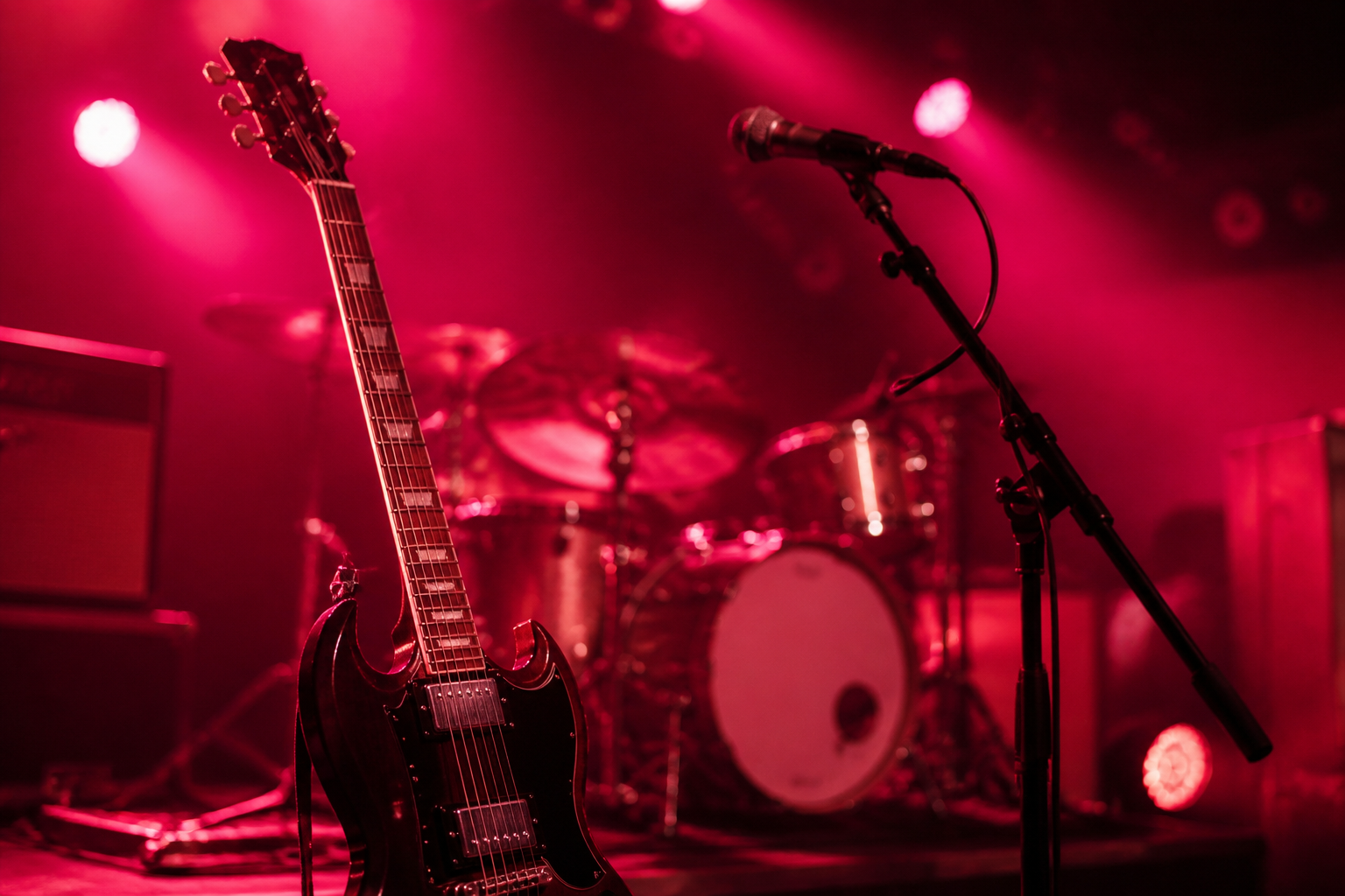 Guitarra y micrófono en escenario de concierto