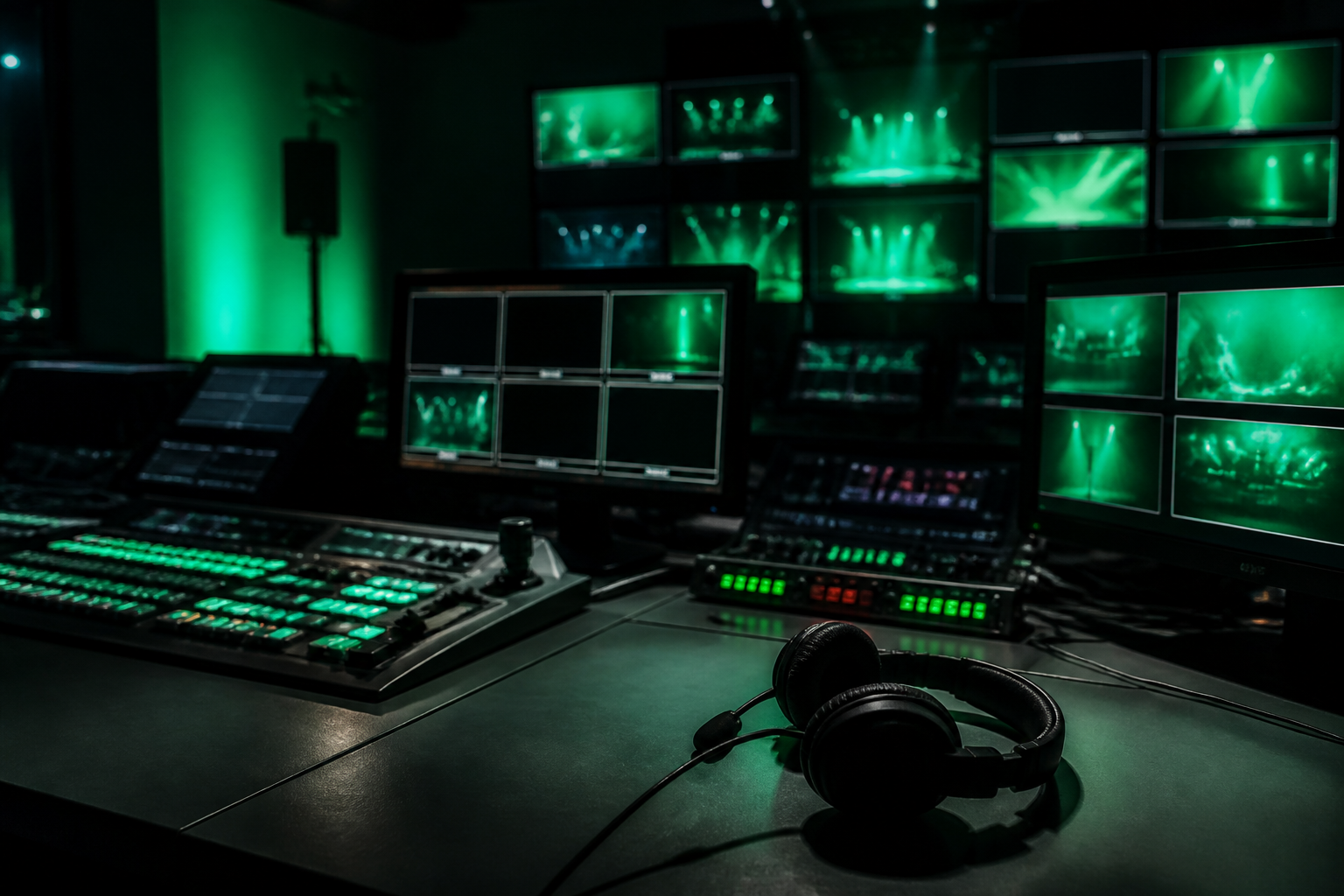 Cabina de medios con monitores durante el culto