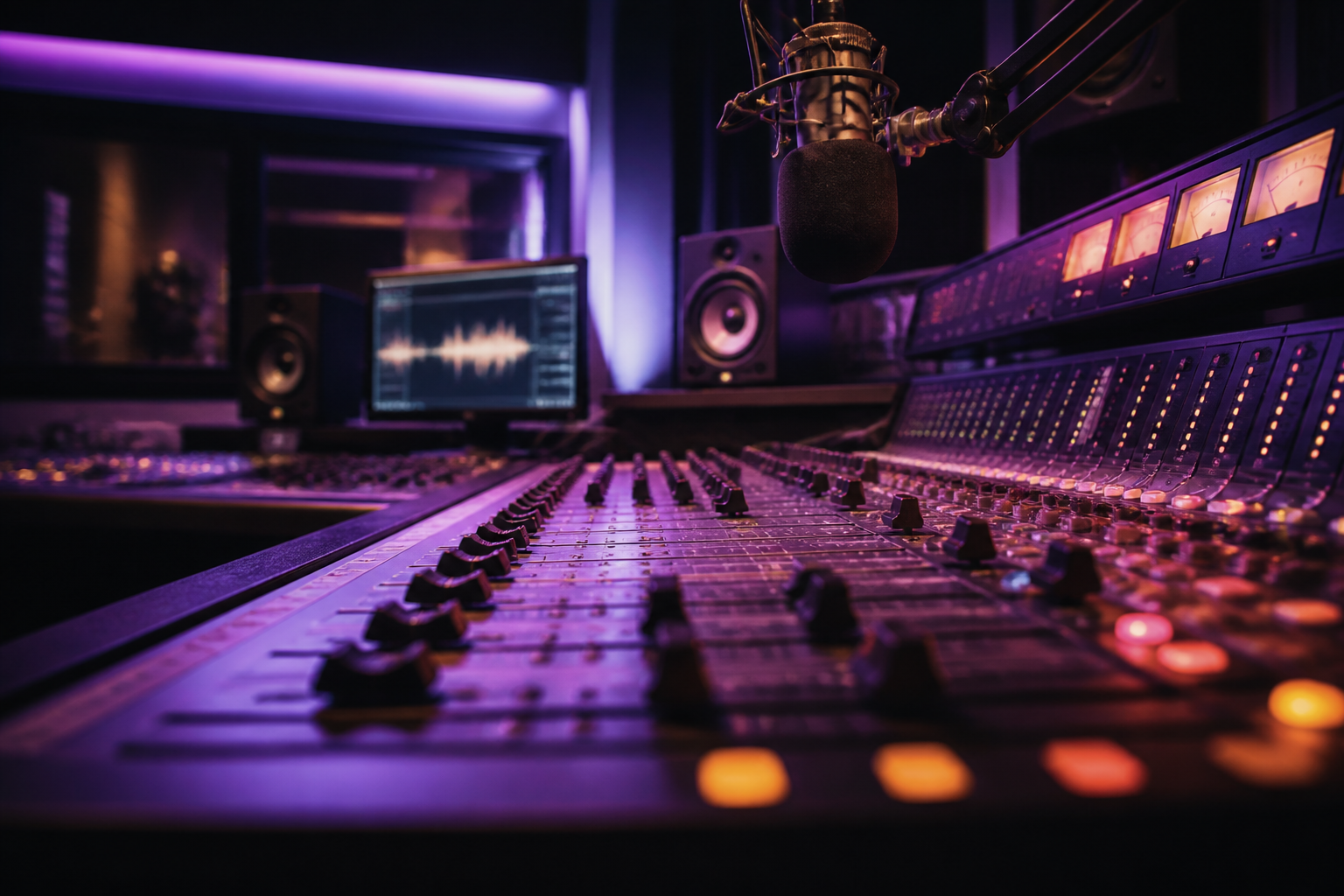 Cabina de radio con micrófono y consolas
